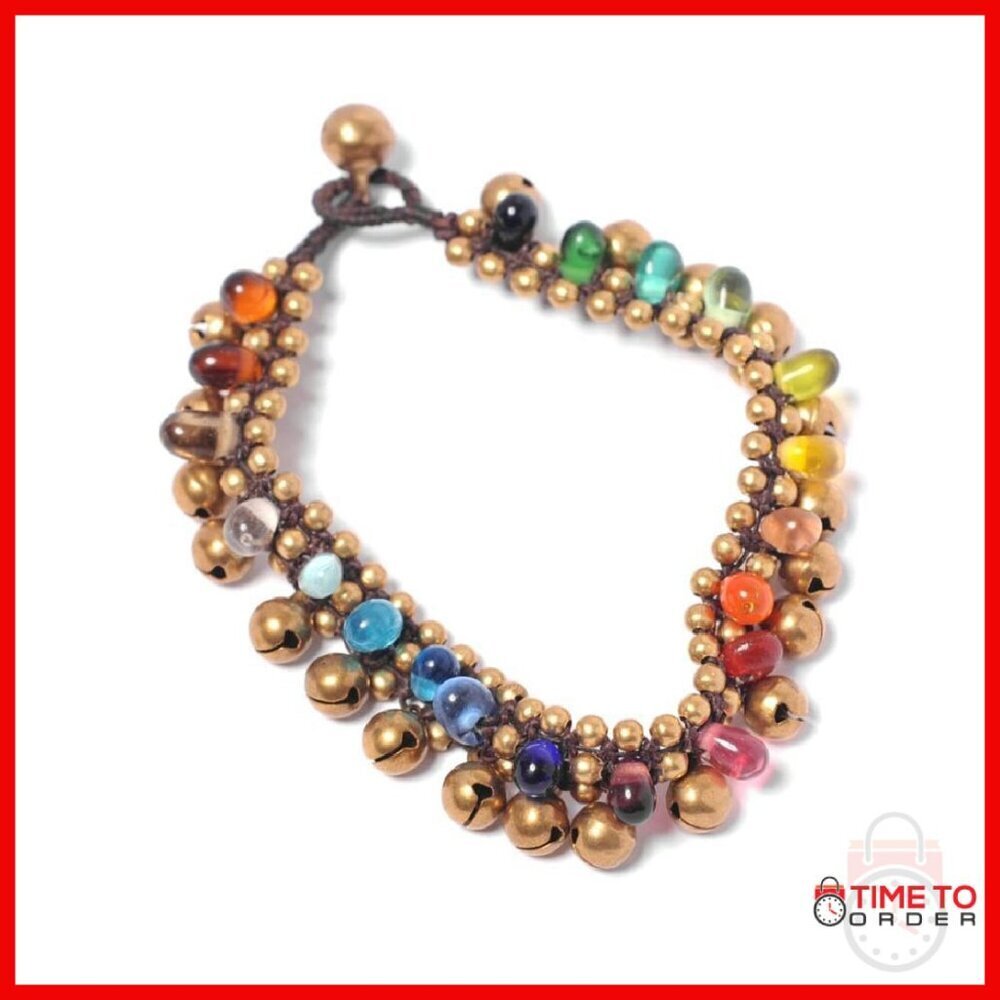 Brass Anklet with Bells and Glass Beads - 25cm Length - Boho Style